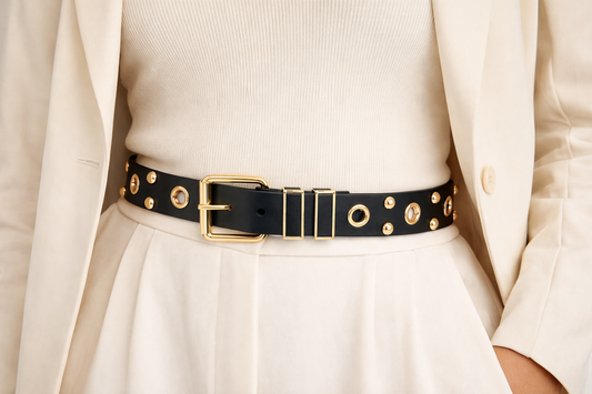 Luxe Studded Statement Belt – Black & Gold