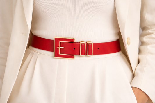 Luxury Red Statement Belt with Gold Square Buckle