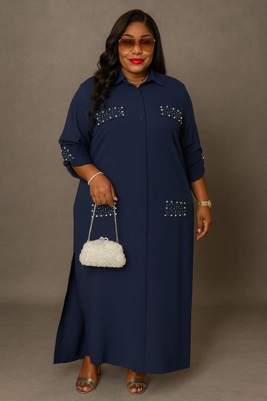 Navy Blue Pearl-Embellished Maxi Shirt Dress