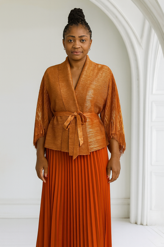 Elegant Orange Pleated Two-Piece Set with Fringe Cape Top
