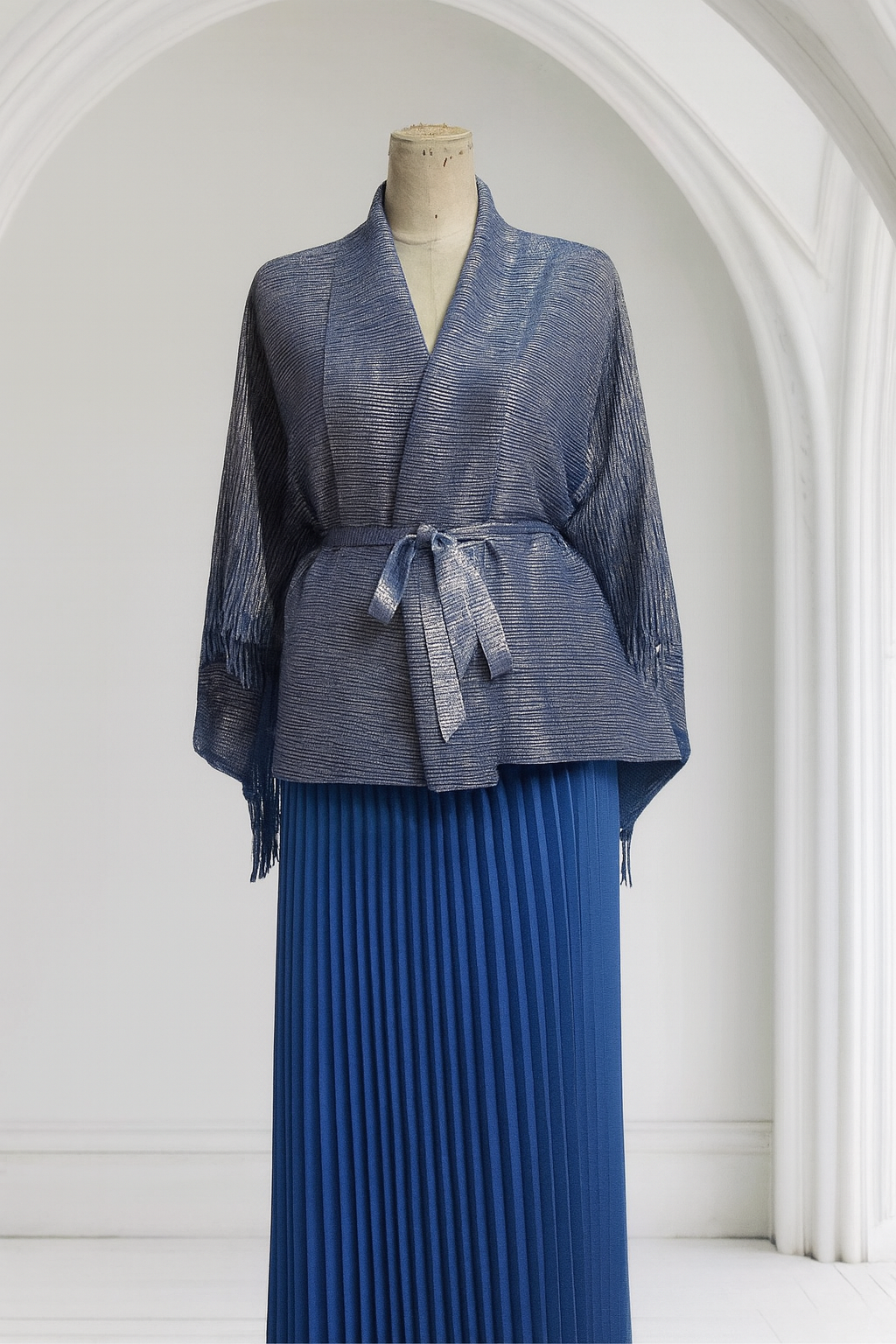 Elegant Blue Pleated Two-Piece Set with Fringe Cape Top