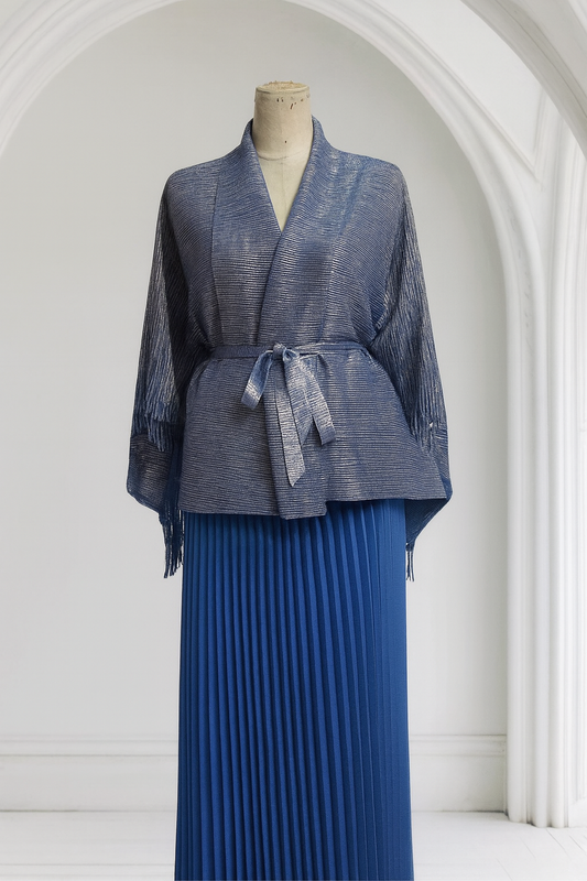 Elegant Blue Pleated Two-Piece Set with Fringe Cape Top