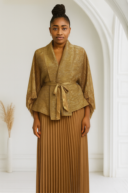 Elegant Nude Pleated Two-Piece Set with Fringe Cape Top