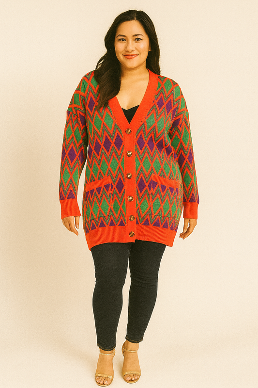 Red Pattern Front Button Sweater