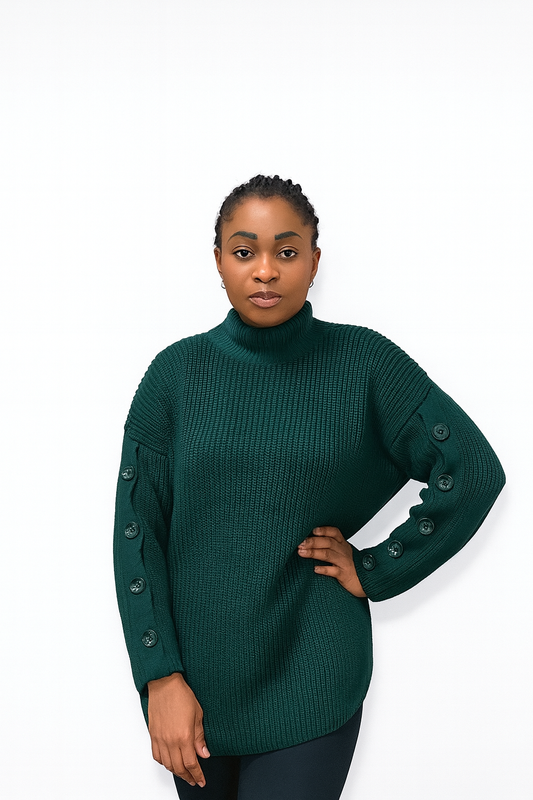 Green High Neck Sweater - Button Sleeve Design
