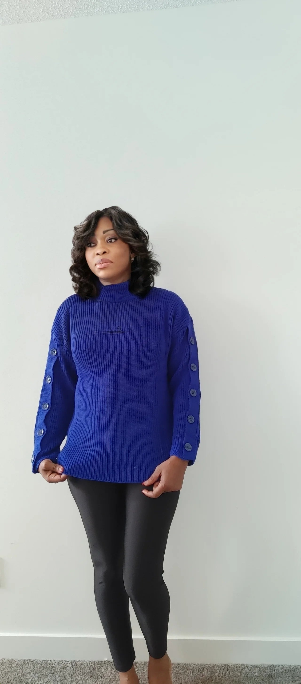 Blue High Neck Sweater - Button Sleeve Design