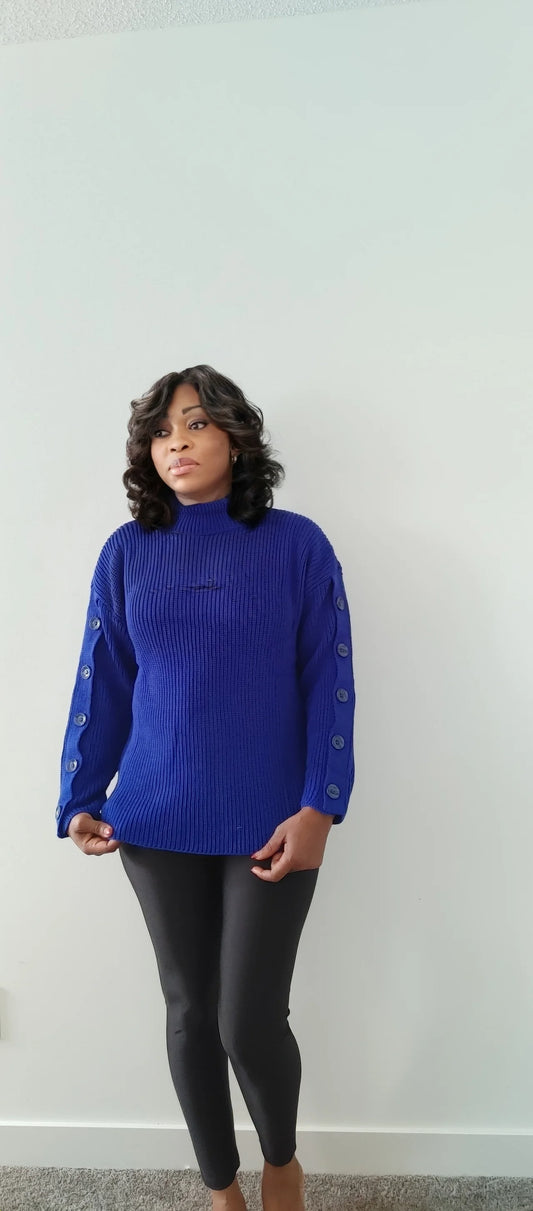 Blue High Neck Sweater - Button Sleeve Design