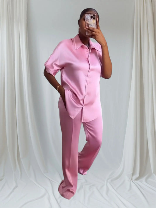 Elegant Satin Lounge Set – Two-Piece with Dual Pockets