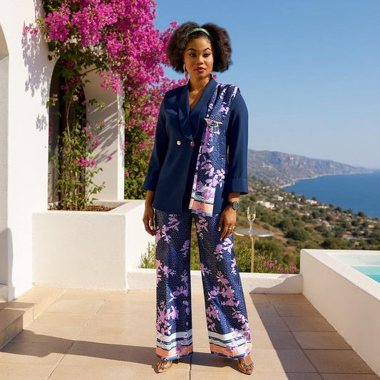 Chic Contrast Set – Plain Blazer & Satin Floral Pants