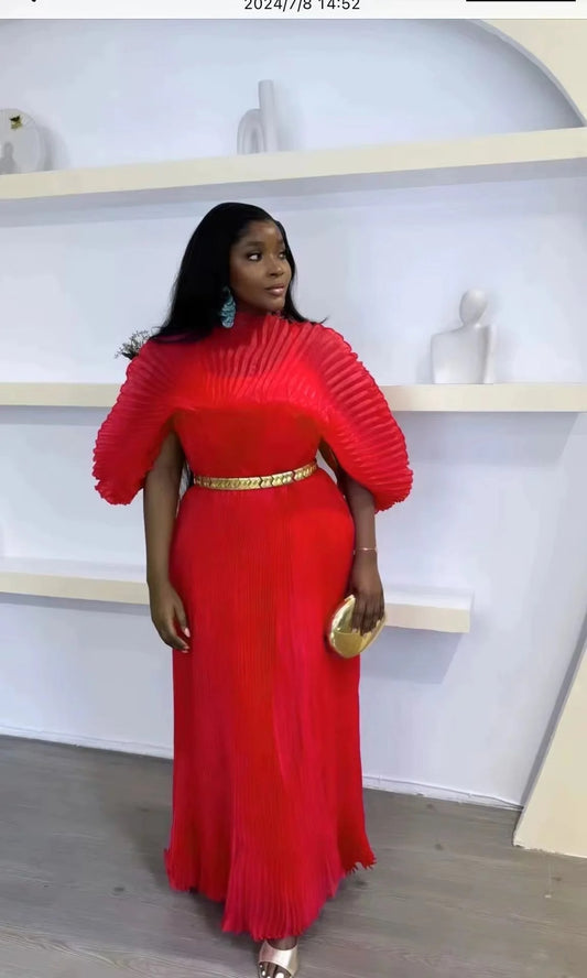 Free Size Red Dress with All-Over Pleats
