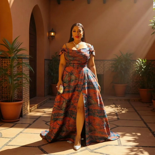 Long Flowing Dinner Dress - Damask Fabric