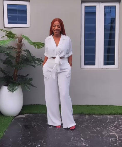 “Classic Two-Piece White Cotton Outfit with Belt”