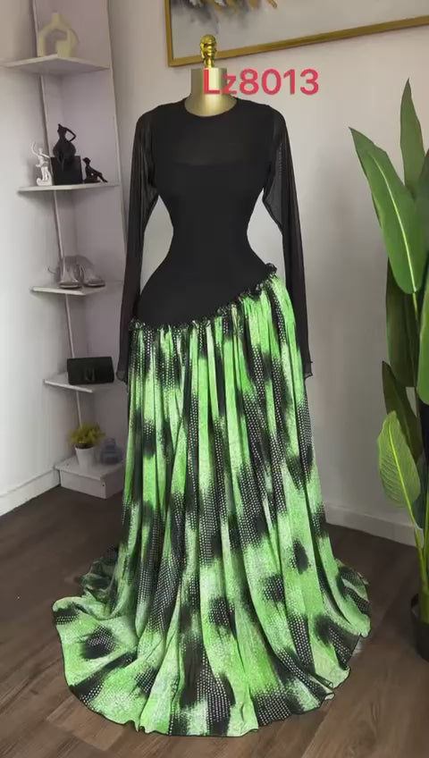 Women’s Fitted Top & Flowing Patterned Maxi Dress